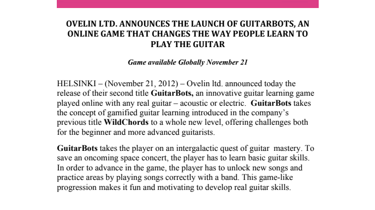 Ovelin launches GuitarBots - the online game that changes the way people learn to play the guitar