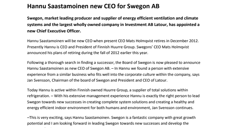 Hannu Saastamoinen new CEO for Swegon AB