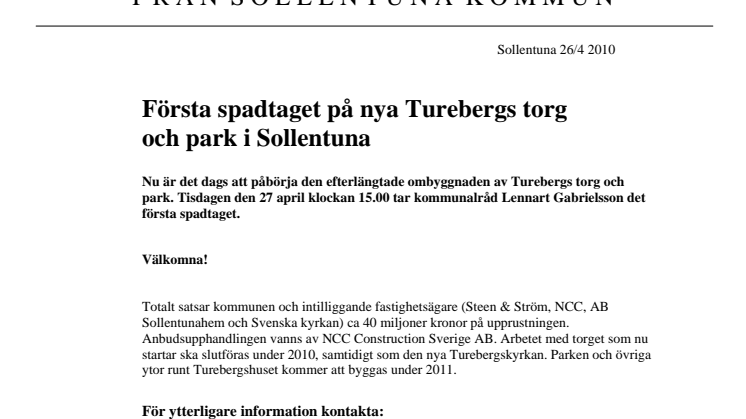 Första spadtaget på nya Turebergs torg och park i Sollentuna