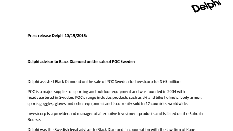 Delphi advisor to Black Diamond on the sale of POC Sweden