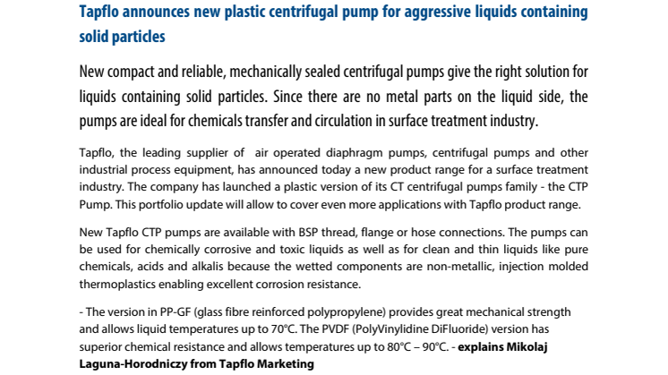 Tapflo announces new plastic centrifugal pump for aggressive liquids containing solid particles