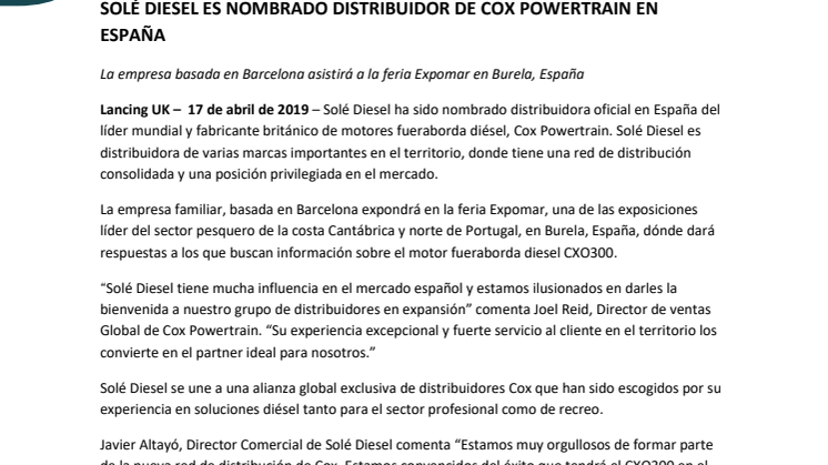 Solé Diesel es Nombrado Distribuidor de Cox Powertrain en España