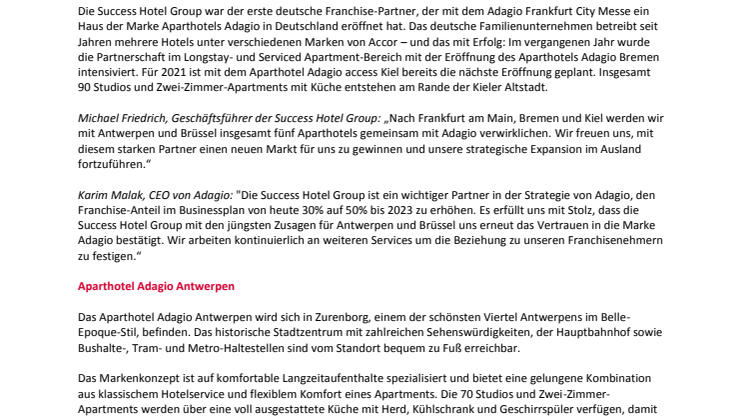 Von Deutschland nach Belgien: Aparthotels Adagio und  Success Hotel Group bauen Zusammenarbeit weiter aus