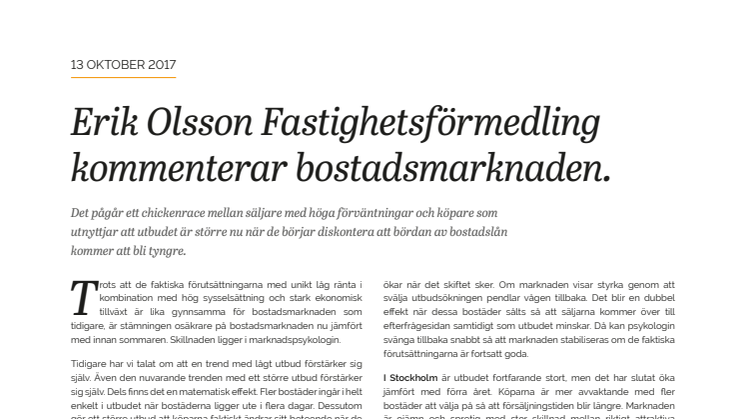 Erik Olsson Fastighetsförmedling kommenterar bostadsmarknaden 13 sept 2017