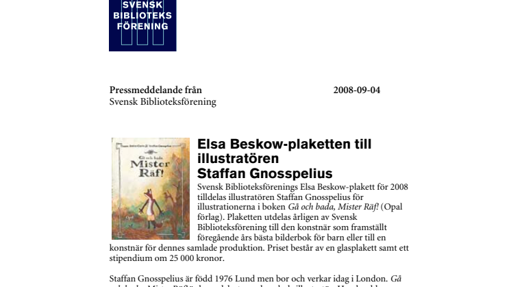 Elsa Beskow-plaketten till illustratören Staffan Gnosspelius