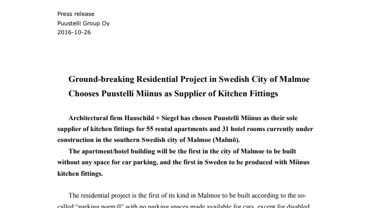 Ground-breaking Residential Project in Swedish City of Malmoe - Chooses Puustelli Miinus as Supplier of Kitchen Fittings