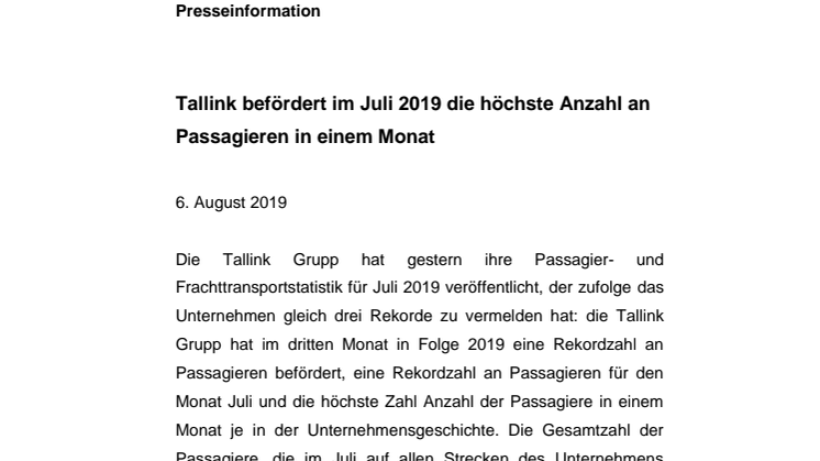 Tallink befördert im Juli 2019 die höchste Anzahl an Passagieren in einem Monat