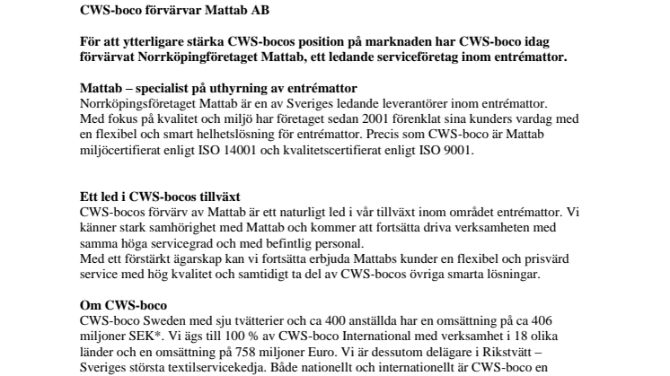 CWS-boco förvärvar Mattab AB