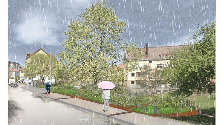 Skiss över den kommande regnrabatten som ska minska översvämningarna i Brämaregården. Illustration: Tyréns