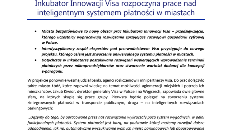 Inkubator Innowacji Visa rozpoczyna prace nad inteligentnym systemem płatności w miastach
