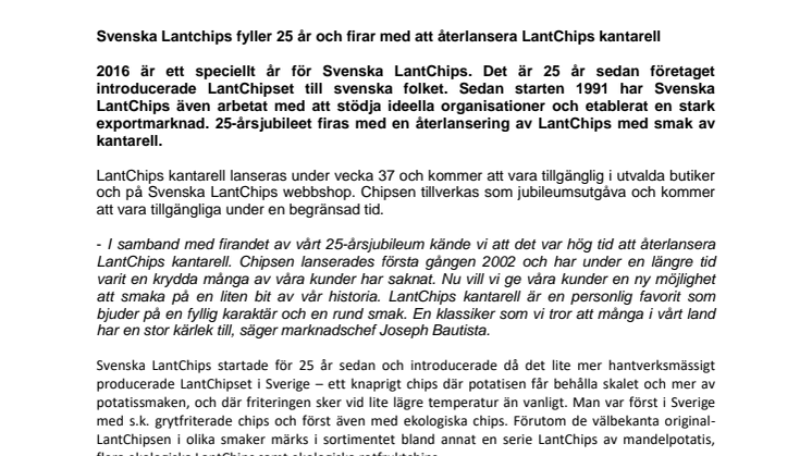 Svenska Lantchips fyller 25 år och firar med att återlansera LantChips kantarell