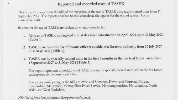 UK Home Office "Reported and recorded uses of TASER" (2008-08-05)