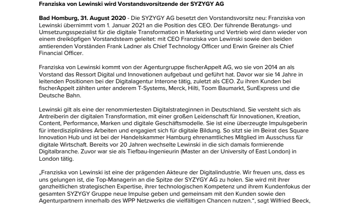 Franziska von Lewinski wird Vorstandsvorsitzende der SYZYGY AG