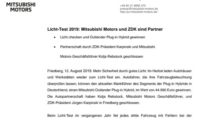 Licht-Test 2019: Mitsubishi Motors und ZDK sind Partner 
