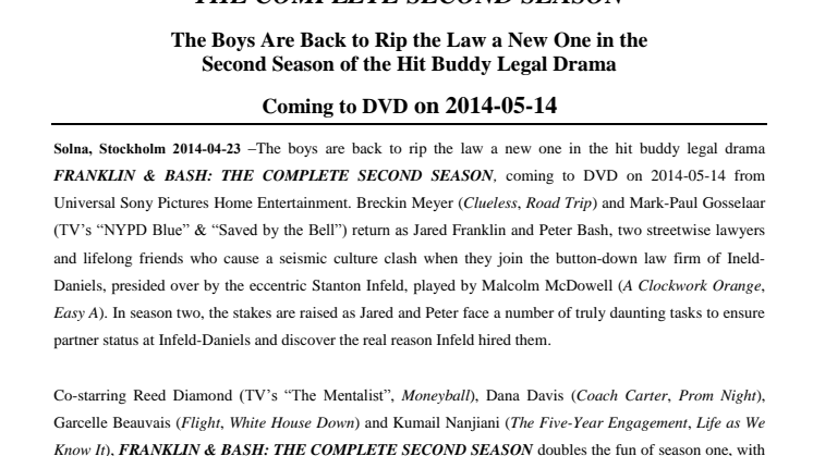 Franklin & Bash The complete second season -  Coming to DVD on 2014-05-14 