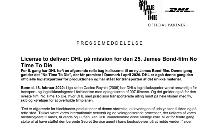 License to deliver: DHL på mission for den 25. James Bond-film No Time To Die