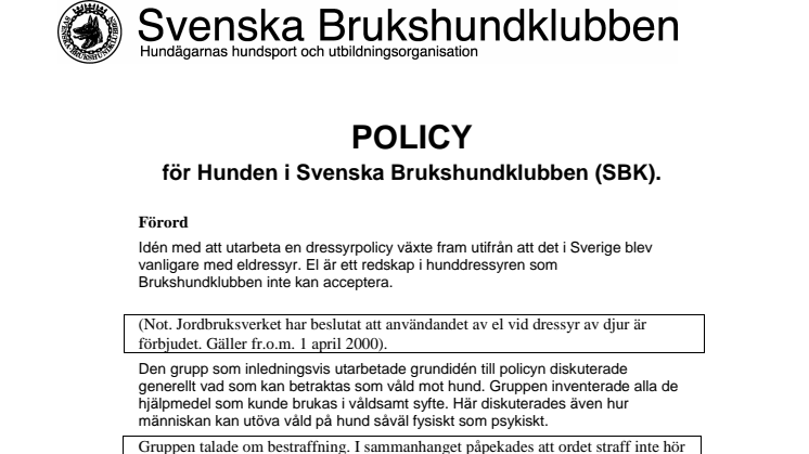 Dressyrpolicy Svenska Brukshundklubben