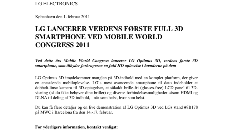LG LANCERER VERDENS FØRSTE FULL 3D SMARTPHONE VED MOBILE WORLD CONGRESS 2011