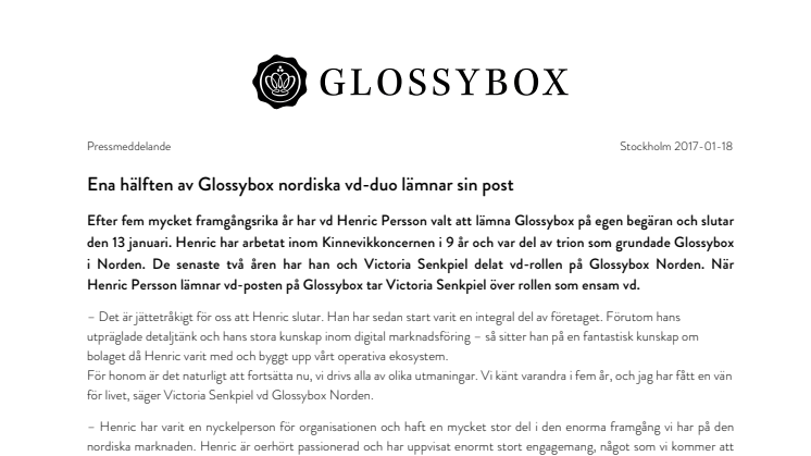 Ena hälften av Glossybox nordiska vd-duo lämnar sin post