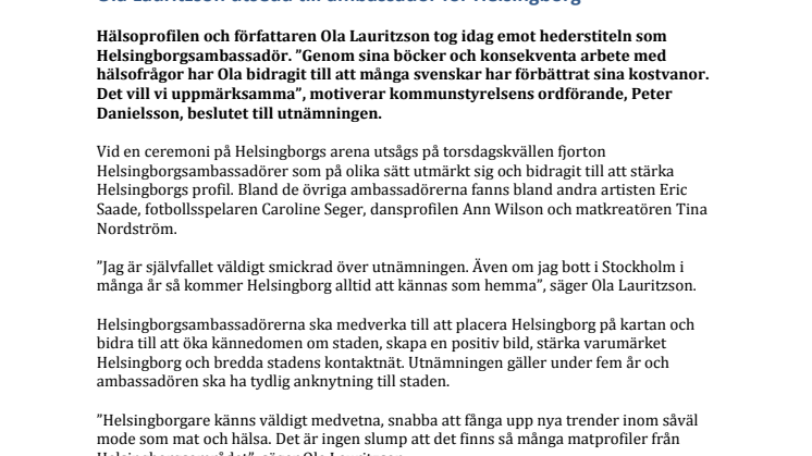 Ola Lauritzson utsedd till ambassadör för Helsingborg