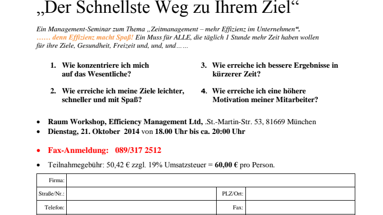 ZEIT-Management-Seminar mit Marie-Luise Berrang, am Die. 21.10.14, 18 -20:00 Uhr in München, St. Martin-Str.53