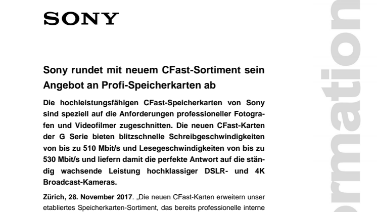 Sony rundet mit neuem CFast-Sortiment sein Angebot an Profi-Speicherkarten ab