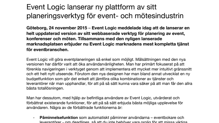 Event Logic lanserar ny version av sitt planeringsverktyg för event- och mötesindustrin