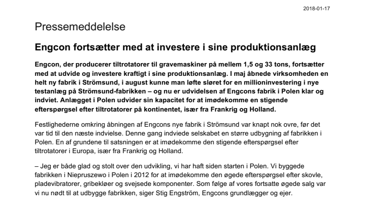 Engcon fortsætter med at investere i sine produktionsanlæg