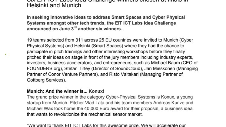 Six EIT ICT Labs Idea Challenge winners chosen at finals in Helsinki and Munich