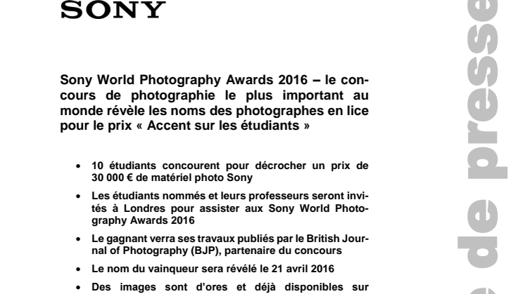 Sony World Photography Awards 2016 – le concours de photographie le plus important au monde révèle les noms des photographes en lice pour le prix « Accent sur les étudiants »