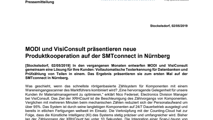 MODI und VisiConsult präsentieren neue Produktkooperation auf der SMTconnect in Nürnberg