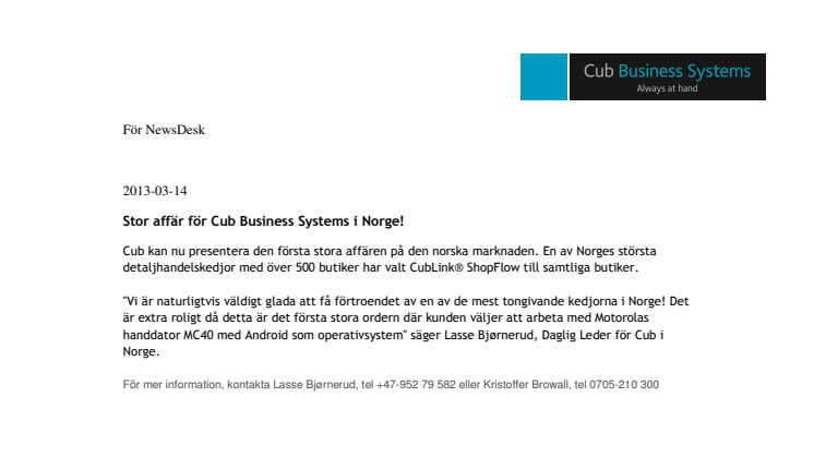 Stor affär för Cub Business Systems i Norge!