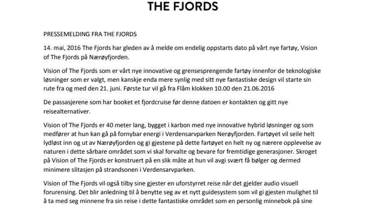 Endelig oppstartsdato for Vision of The Fjords