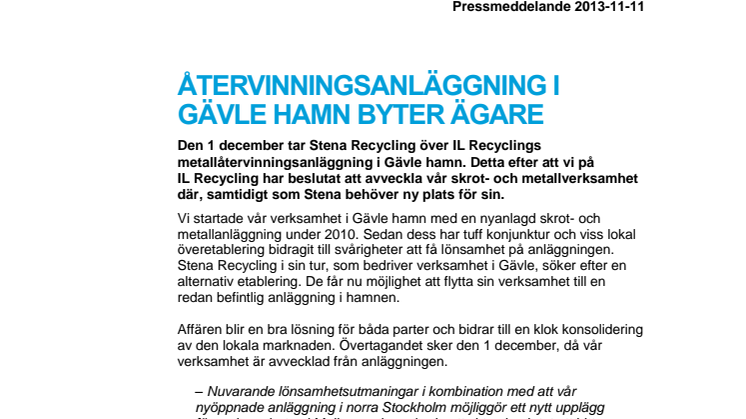 Återvinningsanläggning i Gävle hamn byter ägare