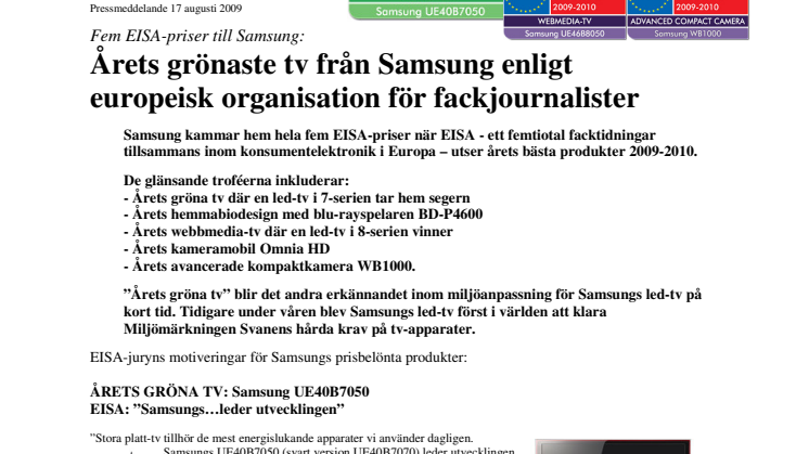 Årets grönaste tv från Samsung enligt  europeisk organisation för fackjournalister