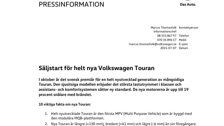 Säljstart för helt nya Volkswagen Touran