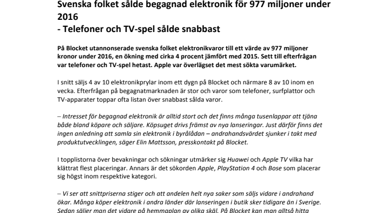 Svenska folket sålde begagnad elektronik för 977 miljoner under 2016 - Telefoner och TV-spel sålde snabbast	