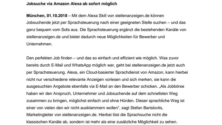 stellenanzeigen.de bietet sprachgesteuerte Jobsuche - Jobsuche via Amazon Alexa ab sofort möglich