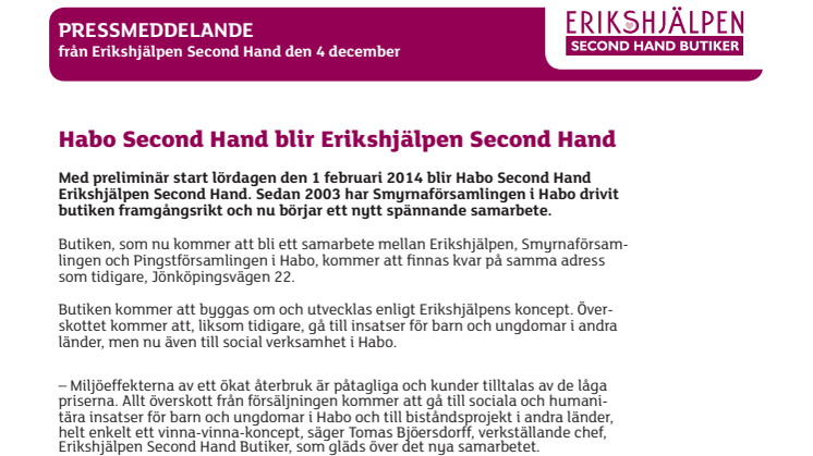 Habo Second Hand blir Erikshjälpen Second Hand