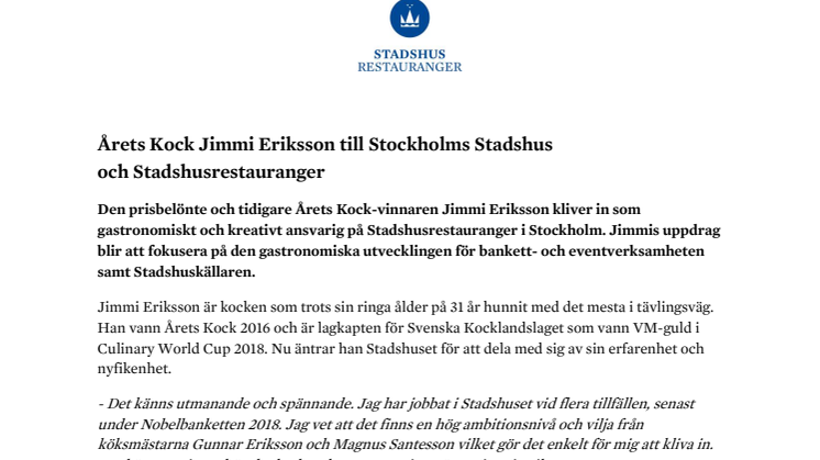 Årets Kock Jimmi Eriksson till Stockholms Stadshus  och Stadshusrestauranger