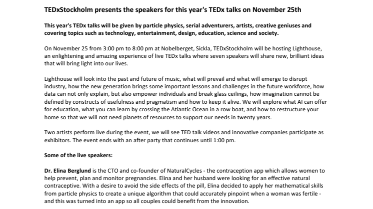 TEDxStockholm presents the speakers for this year's TEDx talks on November 25th