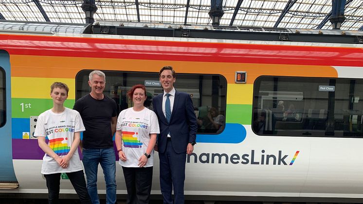 Design and content apprentice Maggie Luckhurst, MD of Brighton & Hove Pride 2019 Paul Kemp, driver Laura McDonald and train services director Stuart Meek launch the Pride 'trainbow' at Brighton (this and other pictures can be downloaded below)