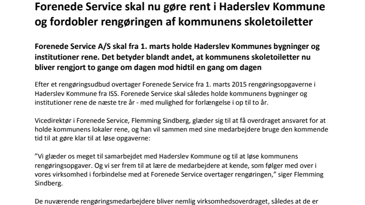Forenede Service skal nu gøre rent i Haderslev Kommune og fordobler rengøringen af kommunens skoletoiletter 