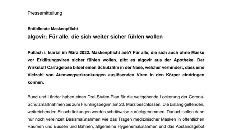 Pressemitteilung algovir- Entfallende Corona-Regeln - Für alle die sich weiter sicher fühlen wollen.pdf