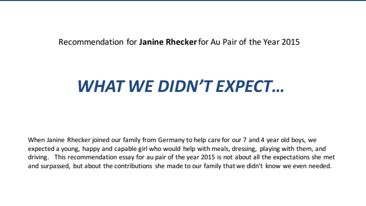Gastfamilienbrief Au Pair of the Year