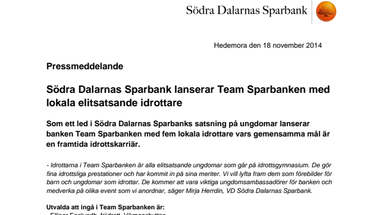 Södra Dalarnas Sparbank lanserar Team Sparbanken med lokala elitsatsande idrottare