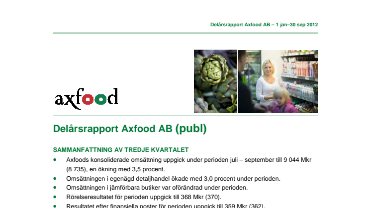 Delårsrapport Axfood AB 1 jan–30 sep 2012