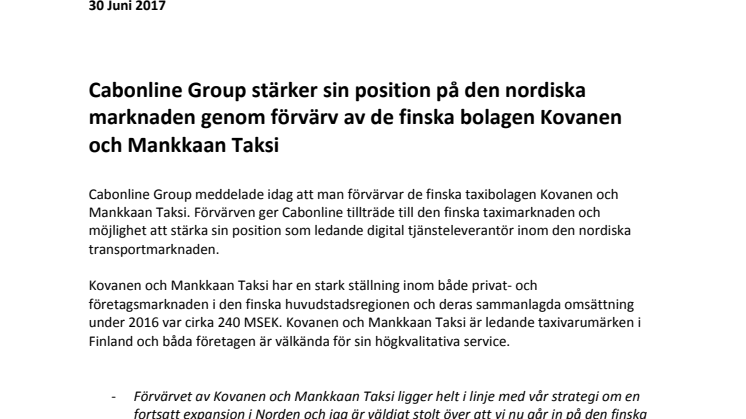 Cabonline Group stärker sin position på den nordiska marknaden genom förvärv av de finska bolagen Kovanen och Mankkaan Taksi