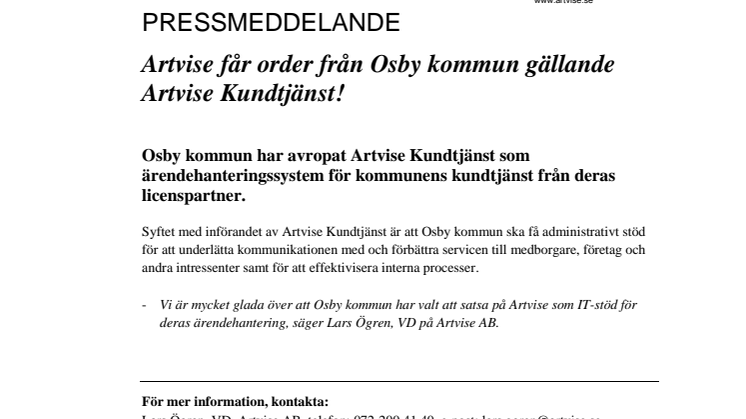 Artvise får order från Osby kommun gällande Artvise Kundtjänst!