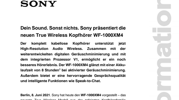 Dein Sound. Sonst nichts. Sony präsentiert die neuen True Wireless Kopfhörer WF-1000XM4